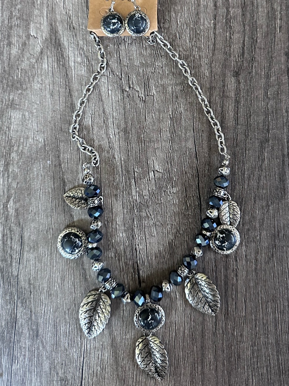Mirabella Blue Black Beaded Leaf Necklace & Earrings Set